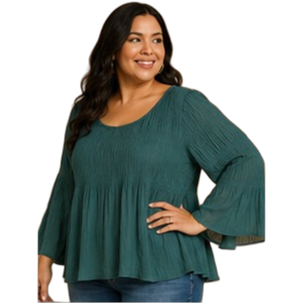 Jessica London Green Crinkle Peasant Tunic - Bell Sleeves - Size 16W- Oversized